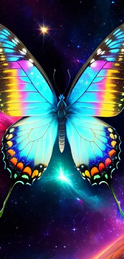 Vibrant cosmic butterfly with galaxy background and colorful hues.