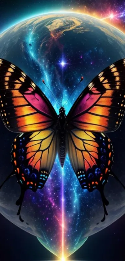 Vibrant butterfly with galaxy backdrop on mobile screen.