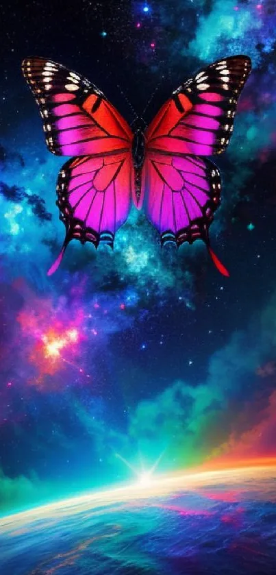 Colorful butterfly on a cosmic background wallpaper.