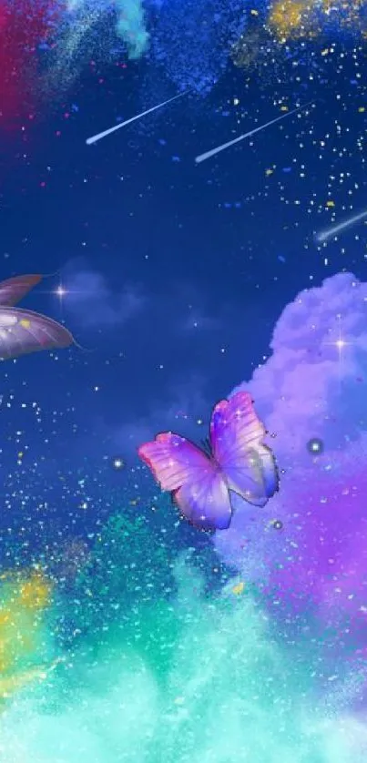 Vibrant cosmic wallpaper with butterflies and colorful sky.