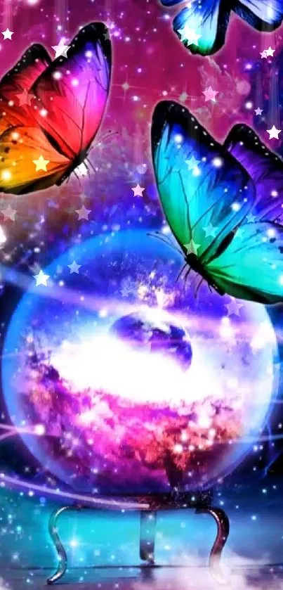 A vibrant cosmic wallpaper featuring colorful butterflies in a mystical space setting.