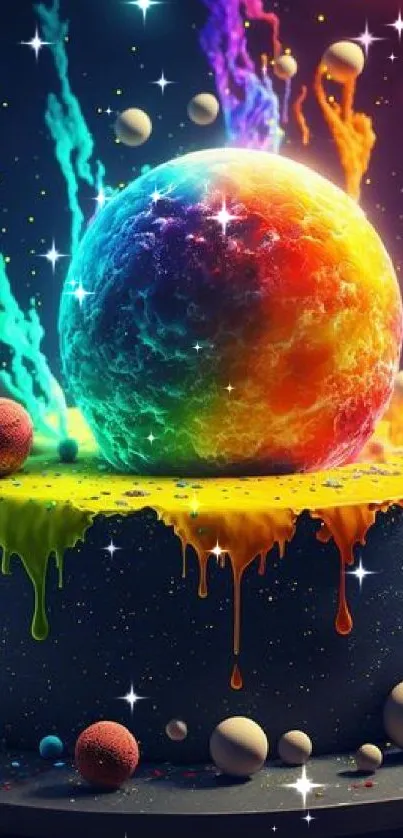 A vibrant cosmic cake with a colorful sphere and rainbow drips.