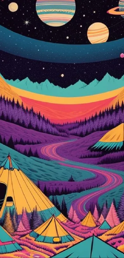 Colorful cosmic campground with planets and vibrant tents in a surreal landscape.