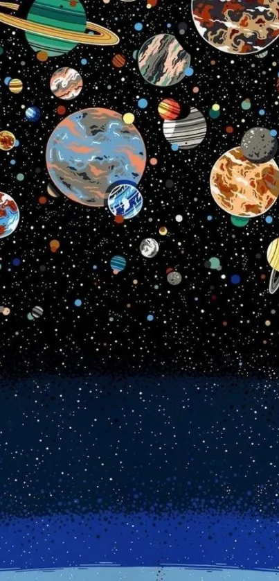 Colorful cosmic wallpaper with planets and camping.