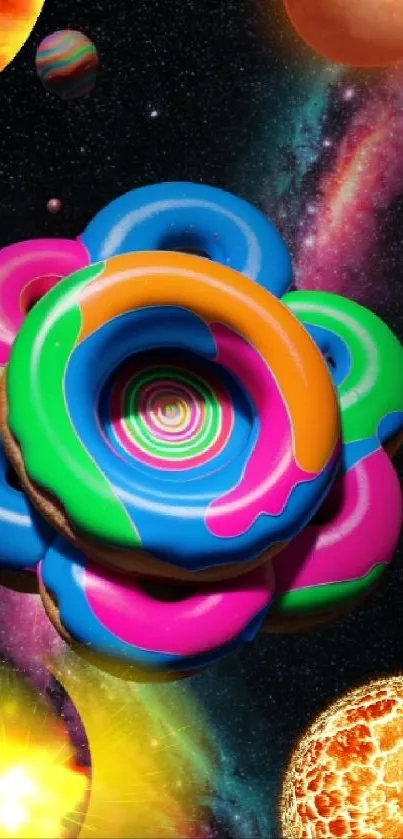 Cosmic candy planets in vibrant space scene.