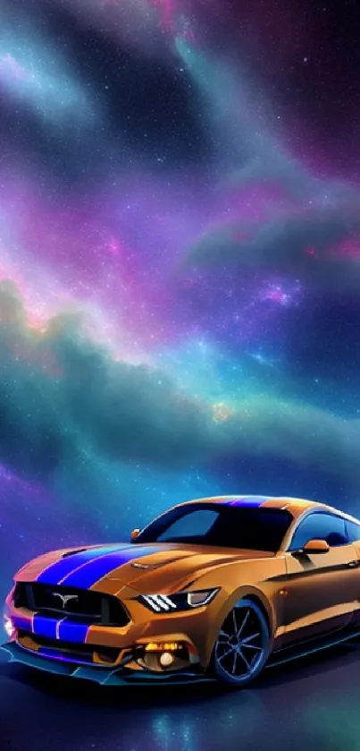 Sleek sports car in a vibrant cosmic galaxy setting with neon colors.