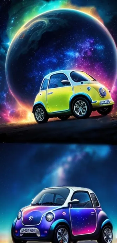 Vibrant cosmic car in neon colors with space background.