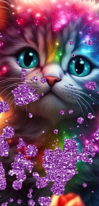 Vibrant colorful fantasy cat with glitter.