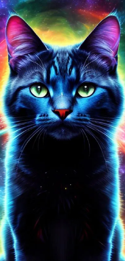 Vibrant cosmic cat with neon galaxy background.