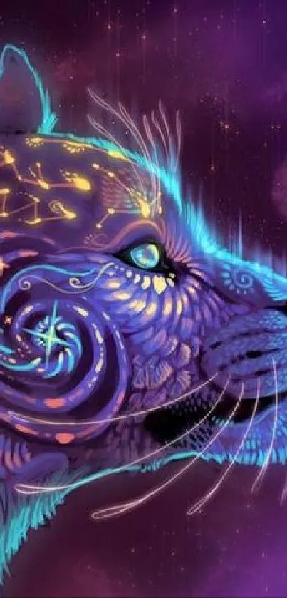 Vibrant cosmic cat digital art wallpaper with neon colors and intricate patterns.