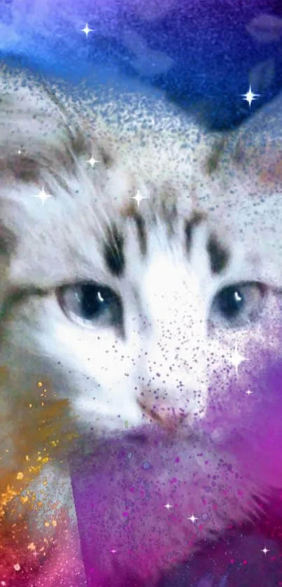 Cosmic cat in vibrant colorful galaxy background wallpaper.