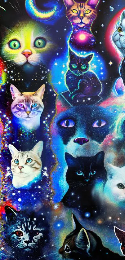 Cosmic themed wallpaper with colorful cats and a galaxy background.