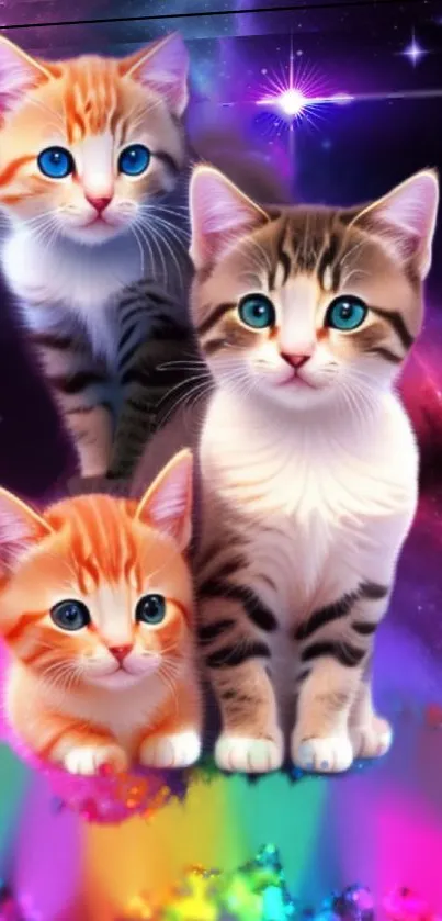 Vibrant space-themed wallpaper with three adorable kittens and a galaxy backdrop.