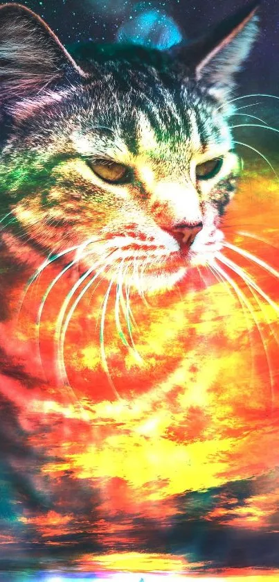 Vibrant cosmic cat blends with fiery sunset in colorful mobile wallpaper.