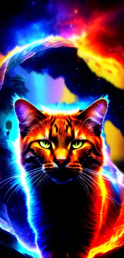 Vibrant cosmic cat with neon colors and space background.