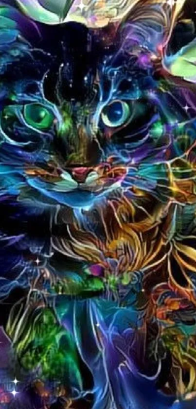 Vibrant cosmic cat wallpaper with abstract colors and mystical design.