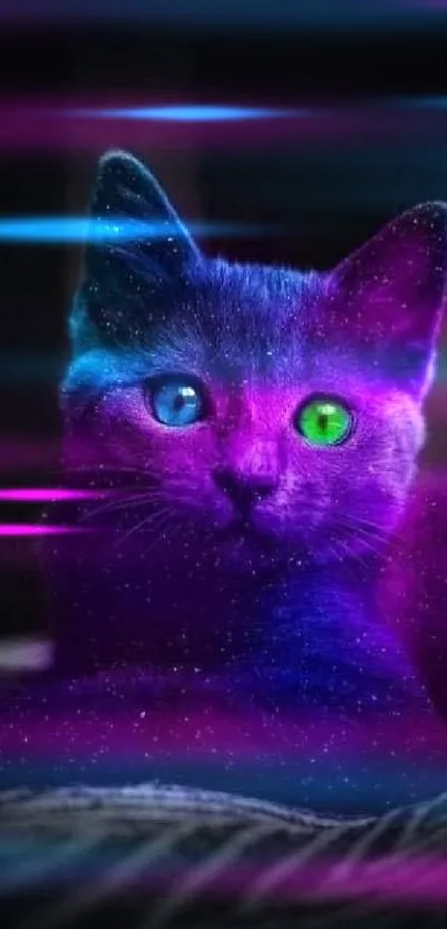 Neon cosmic cat with purple fur and green eyes on a dark background.