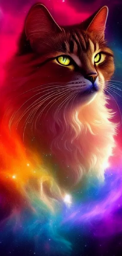 A majestic cat in vibrant, cosmic colors with a nebula background for mobile wallpaper.