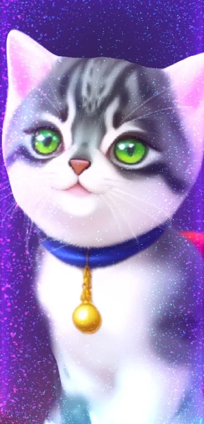 Vibrant cosmic cat with green eyes and purple background wallpaper.