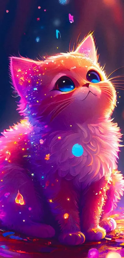 Vibrant cosmic cat with colorful sparkles.