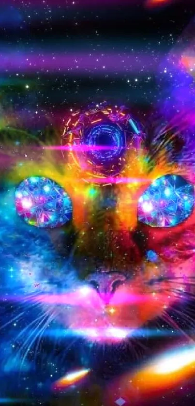 Colorful cosmic cat with vibrant galaxy background.