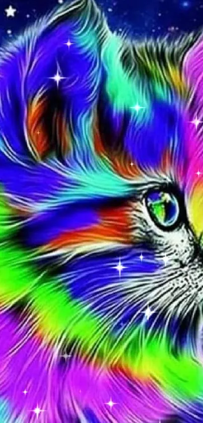 Vibrant rainbow-hued cat with butterfly in galaxy background.