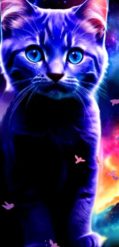 Neon blue cat in a vibrant galaxy background.