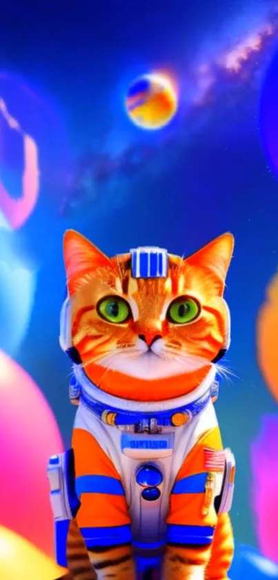 Vibrant cosmic cat with galaxy background in colorful space theme.