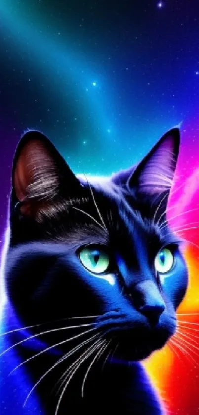 A black cat with green eyes against a vibrant cosmic galaxy background.