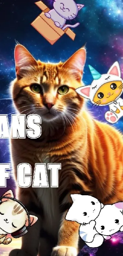 Orange tabby cat in a galaxy with cute cartoon cats.