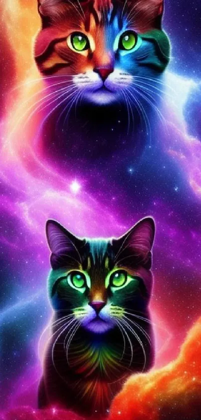 Colorful cosmic cats with a vibrant nebula background.