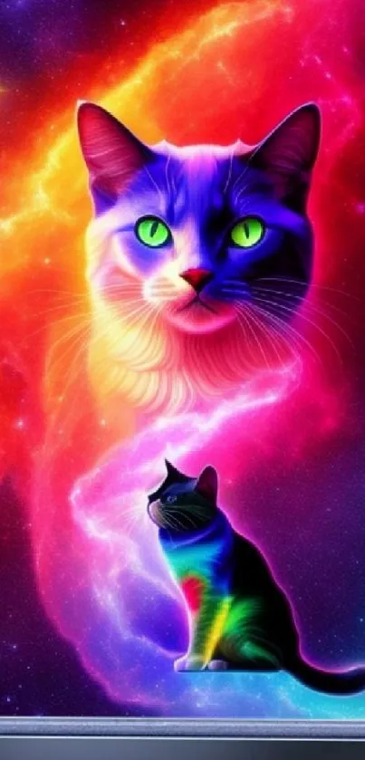 Vibrant cosmic cat with neon colors and space background.