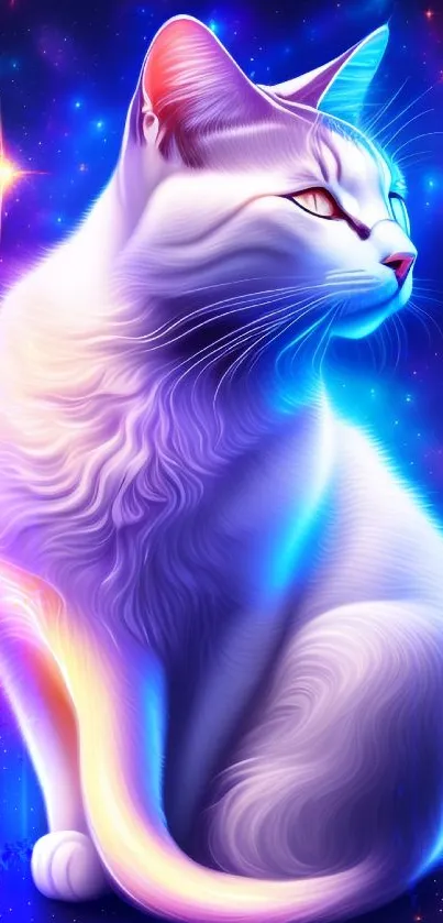 White cat in vibrant neon colors with starry cosmic background.