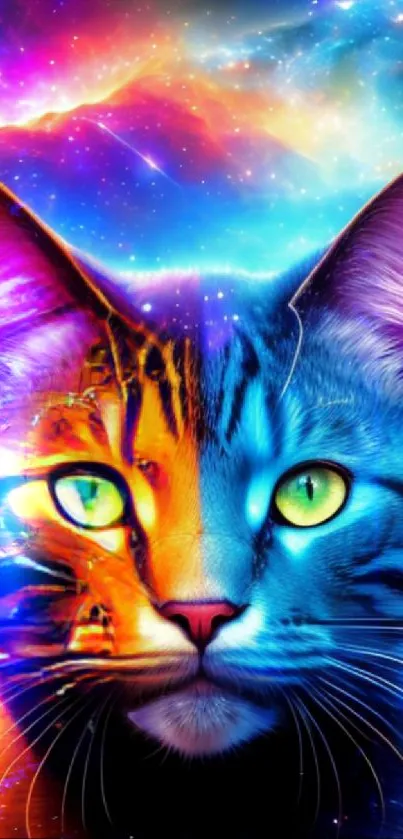 Vibrant cosmic cat with a galaxy background, perfect for mobile wallpaper.