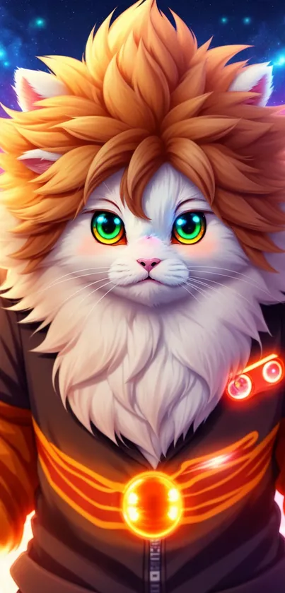 Vibrant cosmic cat with colorful aura and captivating eyes.