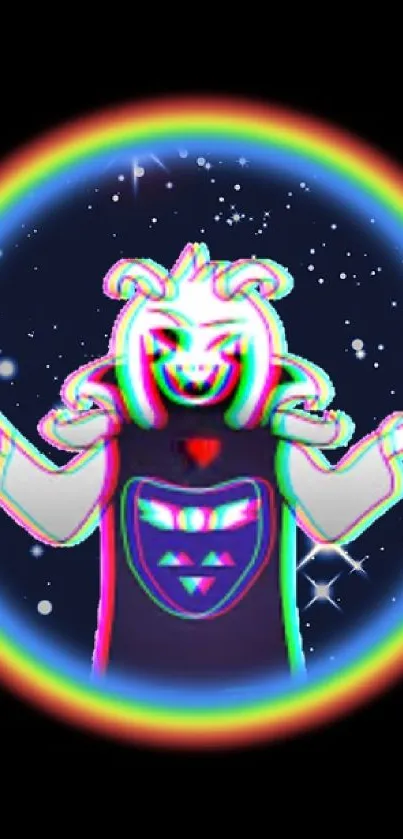 Colorful cosmic character with rainbow aura on a starry background.