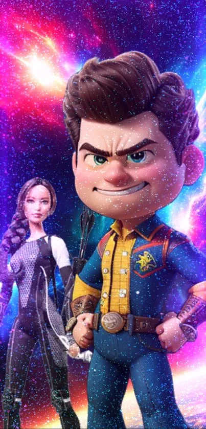 Animated characters in a vibrant galaxy setting with colorful cosmic elements.