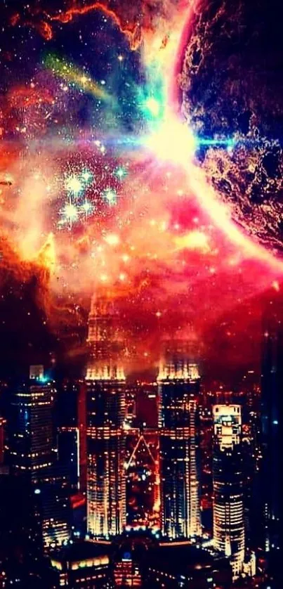 Vibrant cosmic explosion over a futuristic city skyline at night.