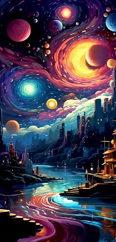 Vibrant cosmic cityscape with swirling galaxies and colorful planets.