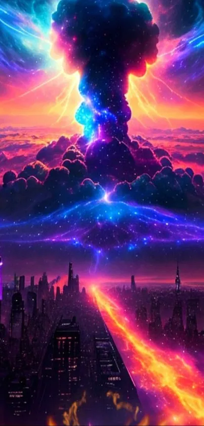 Vibrant cosmic cityscape with colorful explosion and urban skyline.