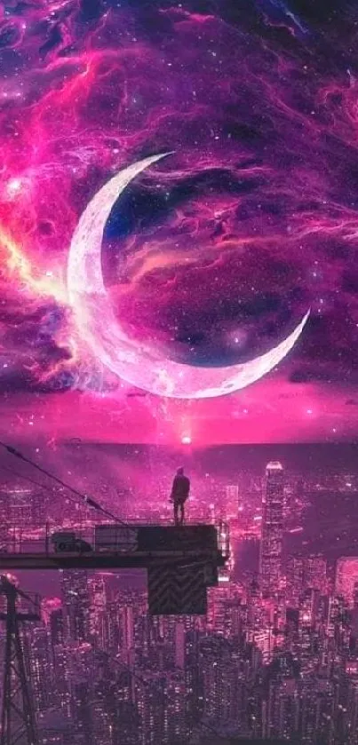 Crescent moon over vibrant cosmic cityscape.