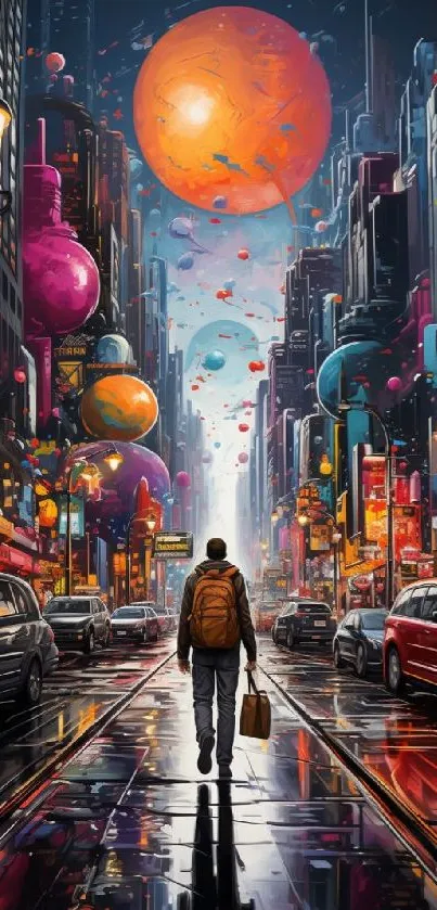 Man walks in vibrant cosmic city with colorful spheres above.