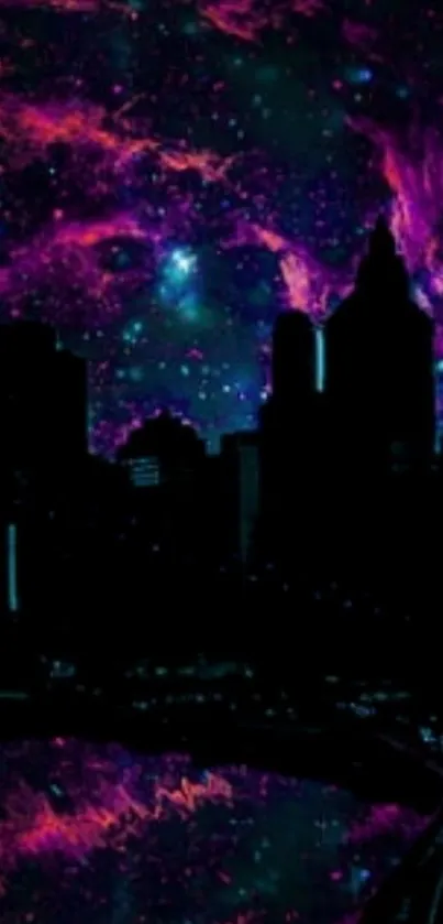 Cosmic cityscape with vibrant purple nebula sky and urban skyline.