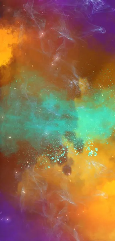 Vibrant cosmic wallpaper with teal, orange, and purple clouds.