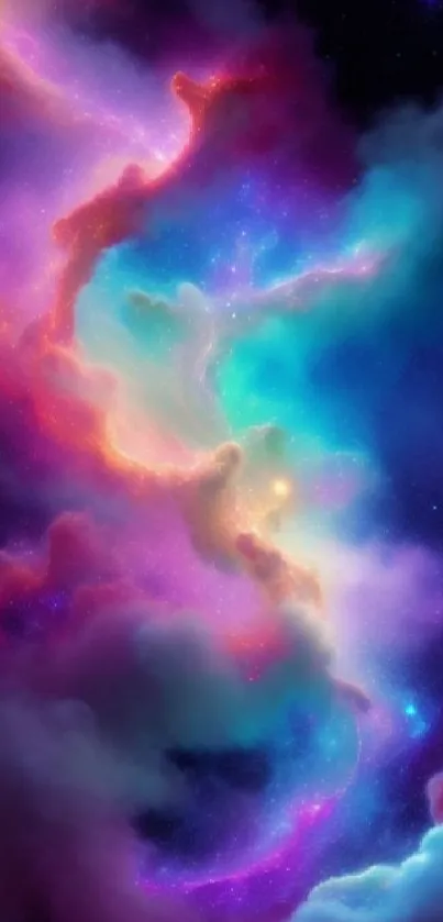 Vibrant cosmic cloud wallpaper with colorful nebula blending into space.