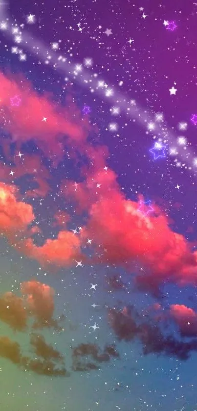 Vibrant cosmic wallpaper with stars and colorful clouds.