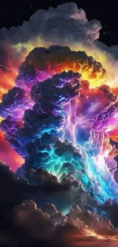 Vibrant cosmic cloud with colorful lightning and dark skies in mobile wallpaper.