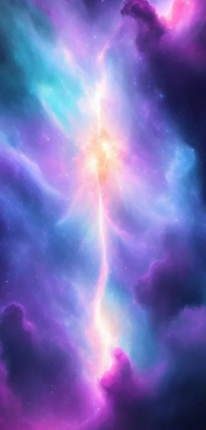 Vibrant cosmic cloud wallpaper with purple and blue hues, ideal for smartphones.