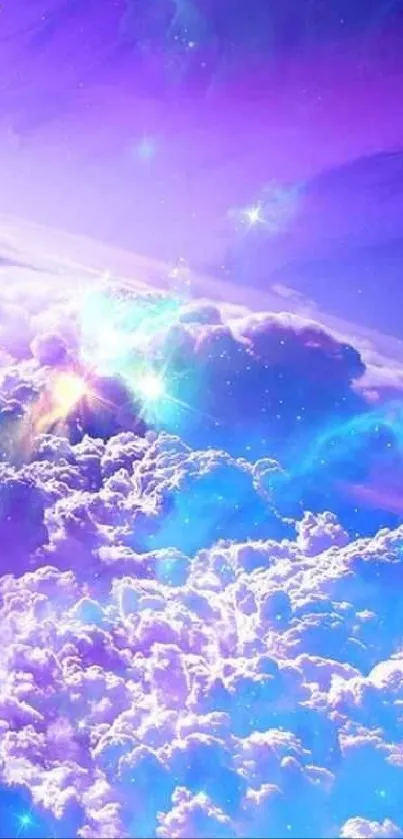 Mobile wallpaper with cosmic clouds in vibrant purples and blues.