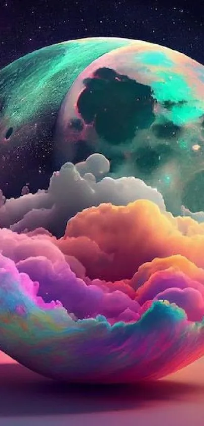 Surreal cosmic scene with colorful moon and vibrant clouds.